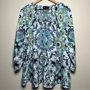 Lane Bryant Women Top 18 Blue Paisley‎ Puff Sleeve Cottagcore Prairie Boho Art